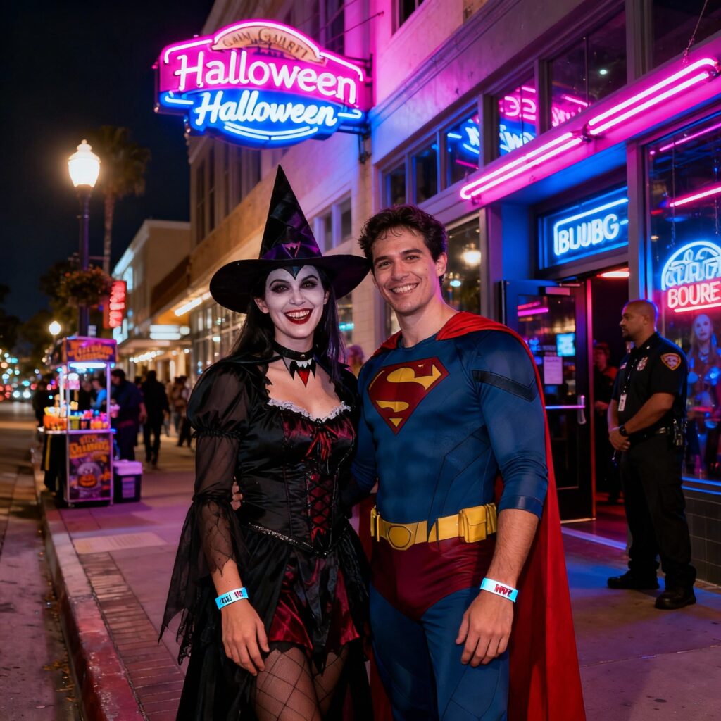 Adults in realistic Halloween costumes with wristbands, smiling and celebrating on a lively Gaslamp Quarter street in downtown San Diego. Neon signs and club entrances highlight the festive atmosphere.