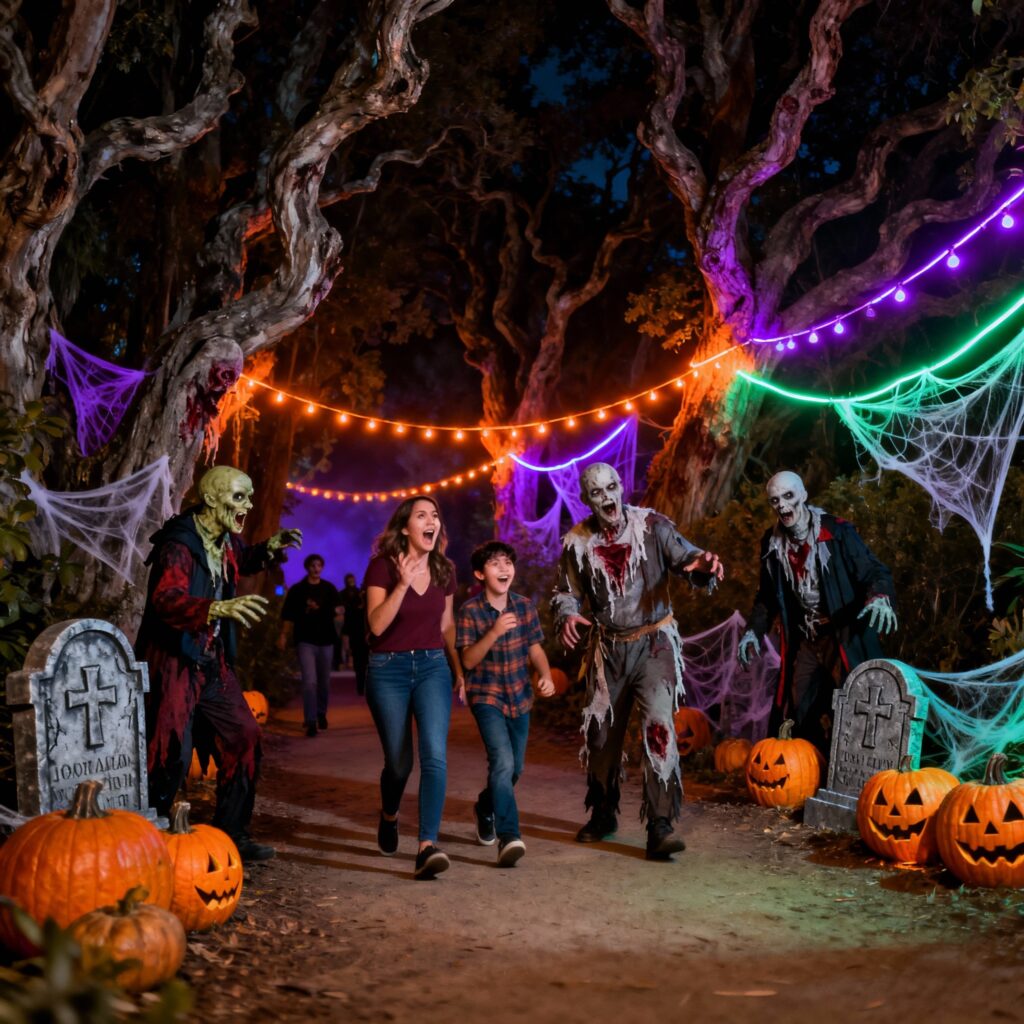 Haunted Trail in Balboa Park San Diego for Halloween, dark forest, professional actors in friendly zombie and monster costumes gently scaring adult visitors