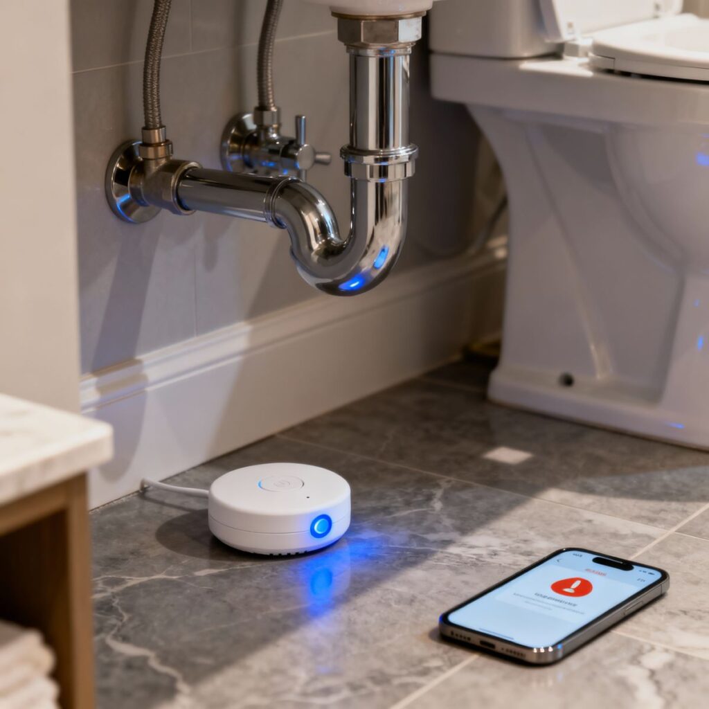 Water leak detection sensors installed in San Diego condo bathroom