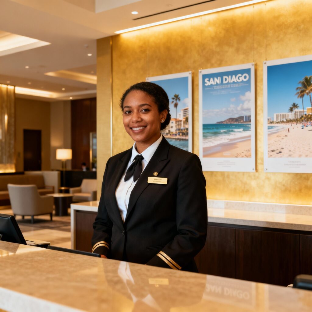 San Diego hotel worker at front desk representing hospitality industry minimum wage increase