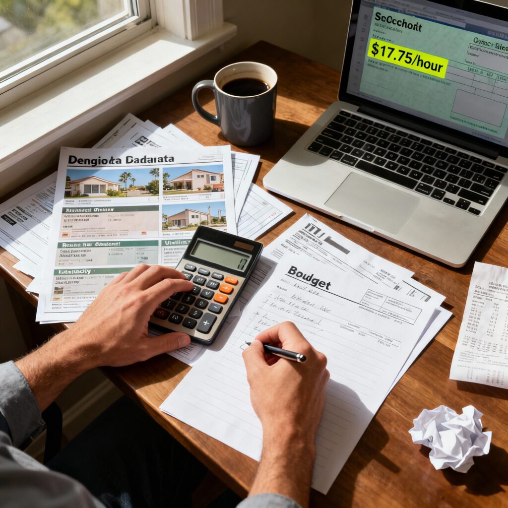 Person calculating monthly budget with San Diego minimum wage paycheck and rental listings