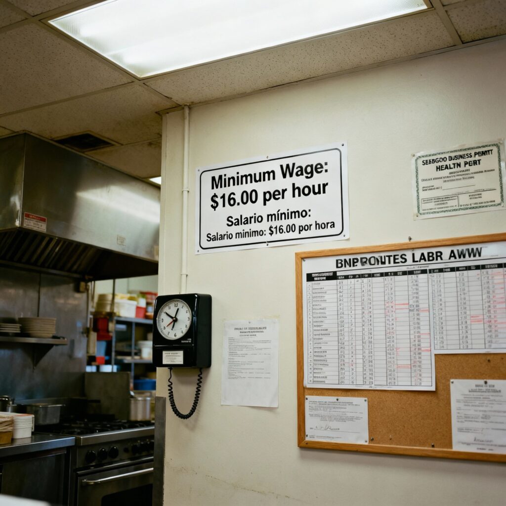 Workplace compliance poster showing San Diego 2026 minimum wage requirements